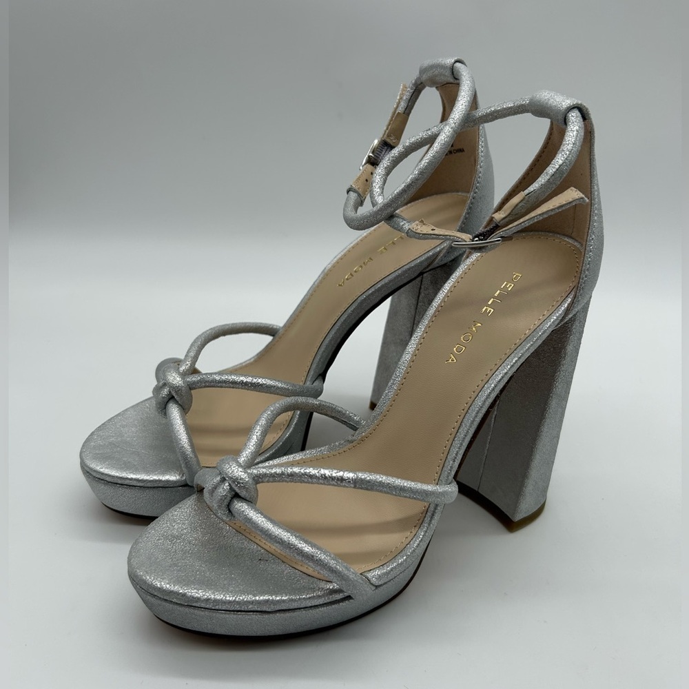 Pelle Moda Metallic Silver Platform Block Heel Suede Women’s Sandals Size 8.5 - Picture 5 of 14